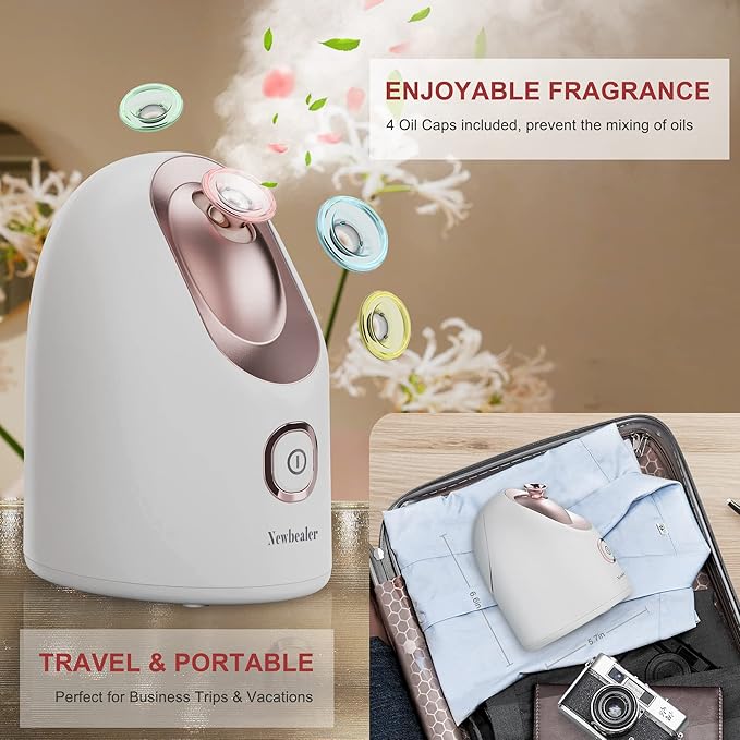Newbealer Facial Steamer, Mini Aroma Face Steamer, Nano Ionic Hot Mist Face Humidifier for Facial Deep Cleaning, Home Sauna Spa Sprayer with 9 Pieces Acne Remover Kit (White-Gold, 160 ML)-BrightBean Baby