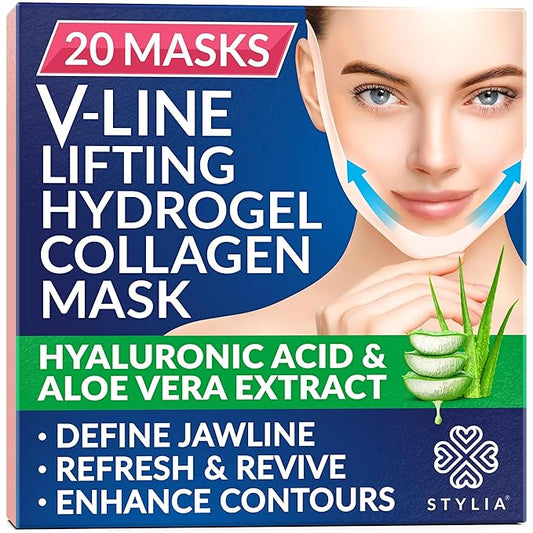 Stylia V Line Lifting Collagen Face Mask - Double Chin Strap for Women - Jawline Shaper Face Lift Tape - Neck Lift Collagen Mask - Chin Strap for Sleeping - Hyaluronic Acid, Aloe Vera, Cica 20PC-BrightBean Baby
