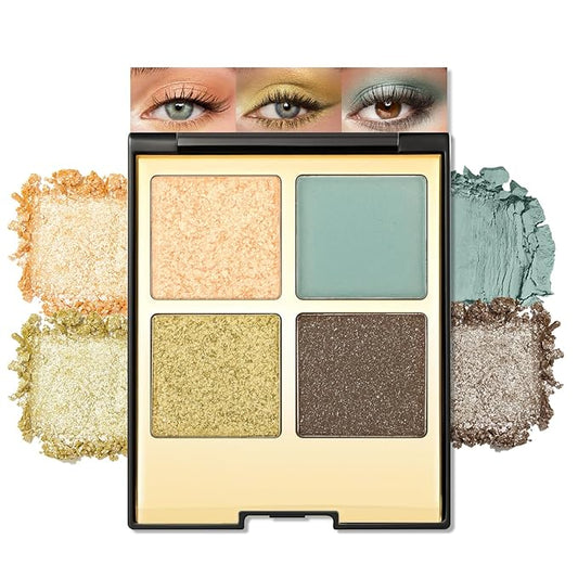 Erinde 4 Colors Eyeshadow Palette Eye Shadow Makeup, Matte Shimmer Metallic Gold Blue Green Dark Brown Nude Neutral Eyeshadow, Long Wearing, Pigmented Blendable, Quad Eye Shadow Palette, 05-BrightBean Baby