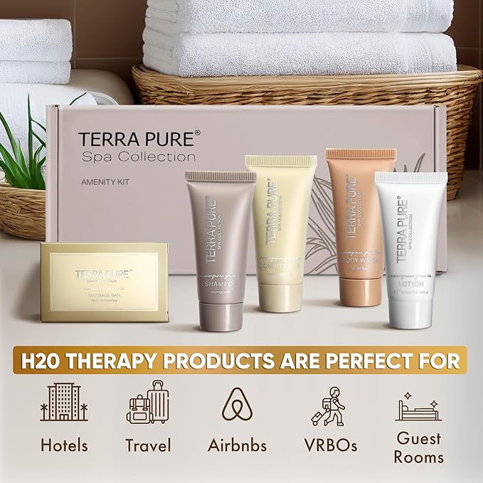 Terra Pure Spa Collection Amenity Kit | Hotel Toiletries | Bulk Set 0.85 oz Travel Size Shampoo,Conditioner, Lotion,Body Wash & Massage Bar for Guest Hospitality AirBnB/Vacation Rentals | 60 sets/case-BrightBean Baby