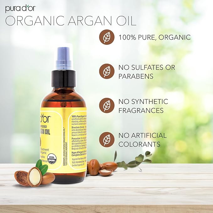 PURA D'OR 4 Oz ORGANIC Moroccan Argan Oil - USDA Certified 100% Pure & Cold Pressed Virgin Premium Grade Natural Moisturizer Treatment For Dry, Damaged Skin, Hair, Face, Body & Scalp - Men & Women-BrightBean Baby