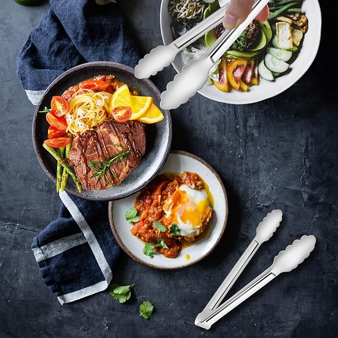 4 Pack Serving Tongs for Buffet,Metal Kitchen Tongs,Stainless Steel Food Tongs, Small Tongs for serving, Silver (7IN)