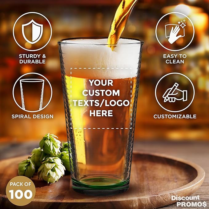 Custom Spiral Pint Glass 16 oz. Set of 100, Personalized Bulk Pack - Beer Glasses, Heavy Duty Drinkware - Green