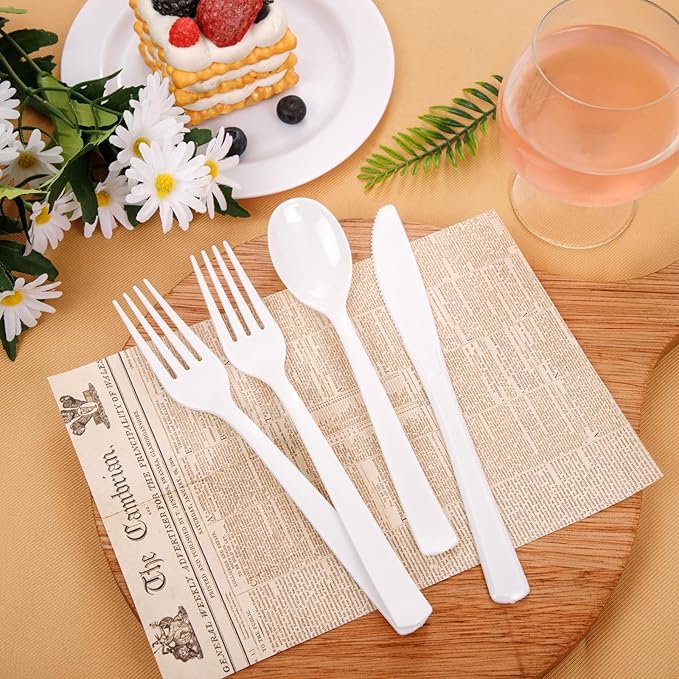 EI 360pcs White Plastic Silverware,Plastic Silverware Heavy Duty,Disposable Plastic Cutlery,Plastic Utensil Sets,Fancy Plastic Silverware include 120pcs Forks,120pcs Spoons and 120pcs Knives for Party