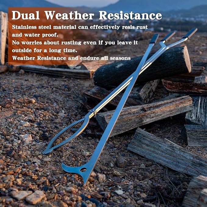 40" Stainless Steel Fire Log Tongs Firewood Grabber and Fire Poker Set,Large Fire Pit Tool Outdoor/Indoor Bonfire Campfire Backyard Deck Camping Log Grabber Safely Moves Firewood