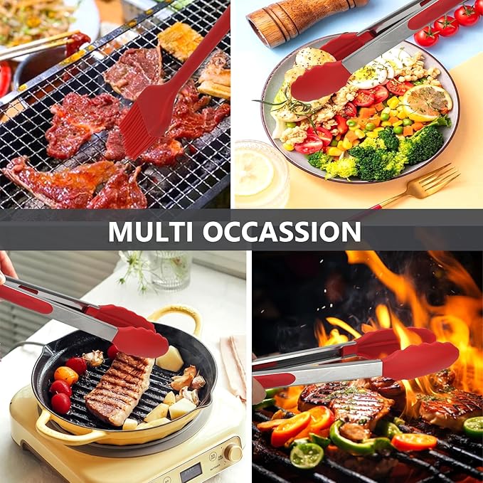 Kitchen Tongs, 2pcs Barbecue Tongs 10 inch & 12 inch with Silicone Tips, 1pc Brush Stainless Steel Cooking Tongs with Heat Resistant Handle for BBQ Serving, Grilling, Buffet, Dishwasher Safe (Red)