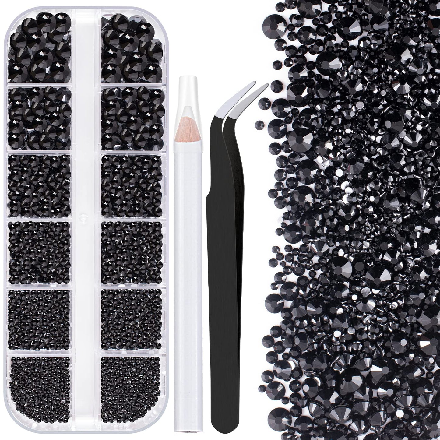 One Pack 2000 Pcs of Flatback Round Black Rhinestones 6 Sizes (1.5-6 mm) with Nail Art Rhinestone Picker Pencil and Tweezers for DIY and Salon Use-BrightBean Baby