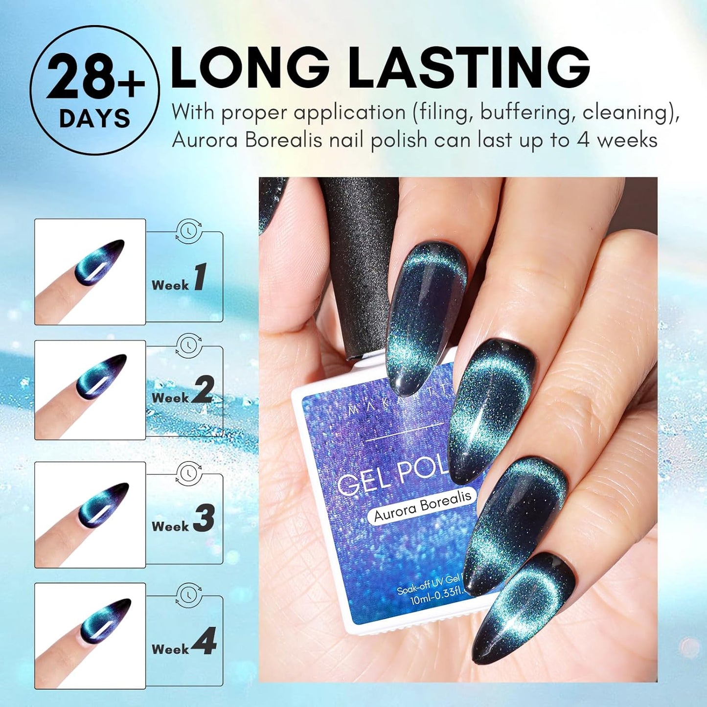 Makartt Blue Cat Eye Gel Nail Polish: Magnetic Glitter Gel Polish Soak-Off UV/LED with Aurora Effect, Long-Lasting Black Hole Shine, Comes with Magnet Stick Salon Home Nail Art 10ml-BrightBean Baby
