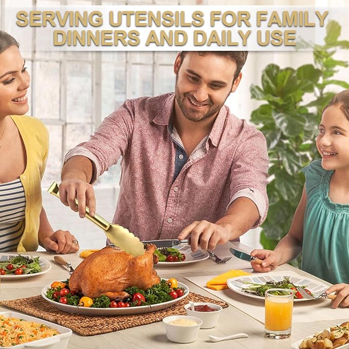 4 Pack Gold Tongs for Serving Food, 9 Inch Serving Tongs, Gold Buffet Tong Stainless Steel Utensils, Metal Kitchen Tong for Salad, Steak, Appetizer, Snack and Small Food (GOLD, 9INCH)