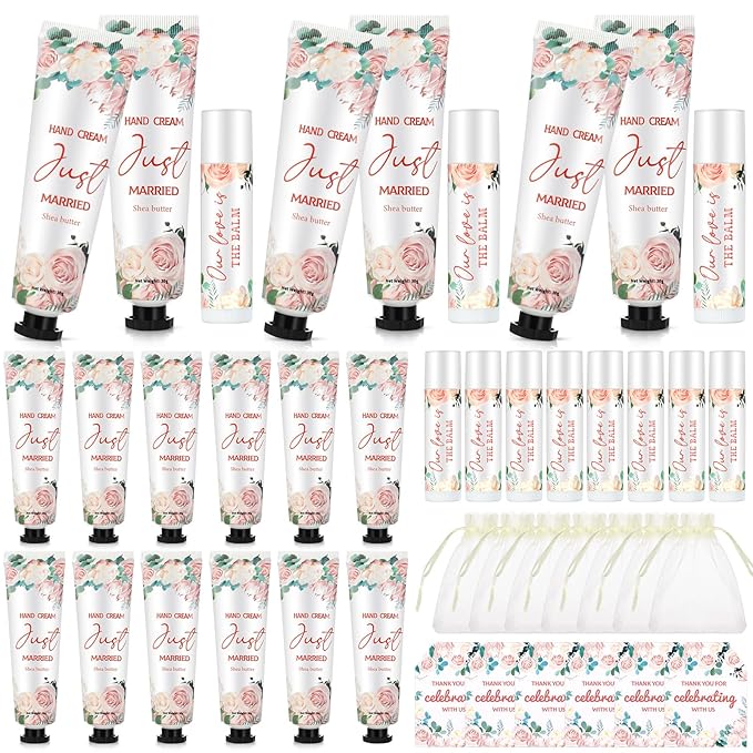 25 Set Wedding Lip Balms and Hand Cream Gift Set Include 25 Moisturizing Hand Care Cream 25 Lip Balms with Thank You Cards and Bags Bridesmaid Gift Set for Bridal Shower Wedding(Floral)-BrightBean Baby