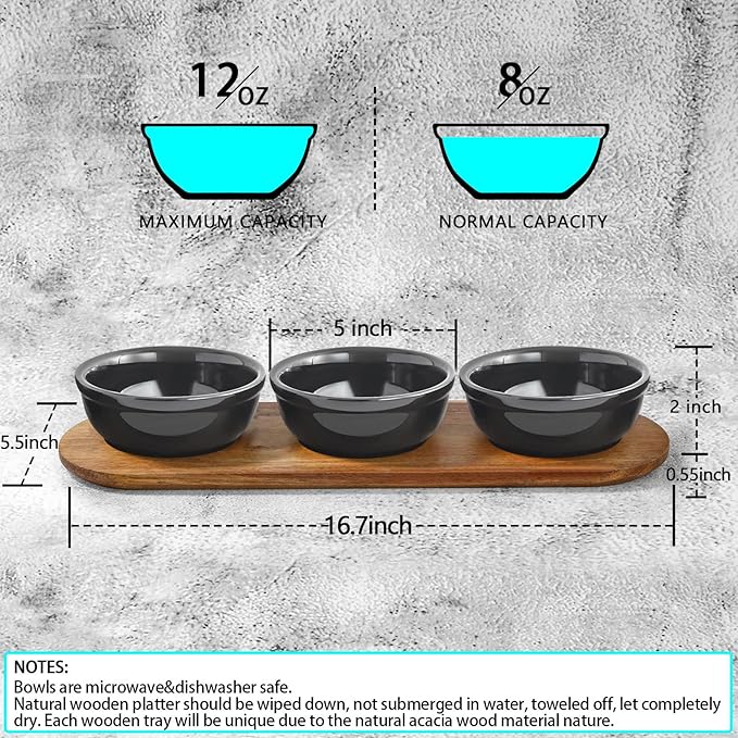 Artena 12 oz Solid Ceramic Chip and Dip Serving Set with Acacia Wooden Tray, 5-inch Black Dipping Bowls, Small Serving Bowls for Side Dishes, Salsa, Appetizer, Serving Dishes for Entertaining