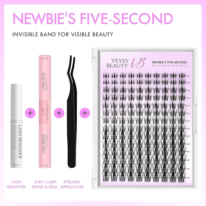 VEYESBEAUTY Lash Clusters Kit Eyelash Extensions Thin & Invisible Band DIY Individual False Eyelashes Newbie's Five-Second Series Wispy Lash Tray for Self-application, Manga Lash 8-18mm Mixed Length-BrightBean Baby