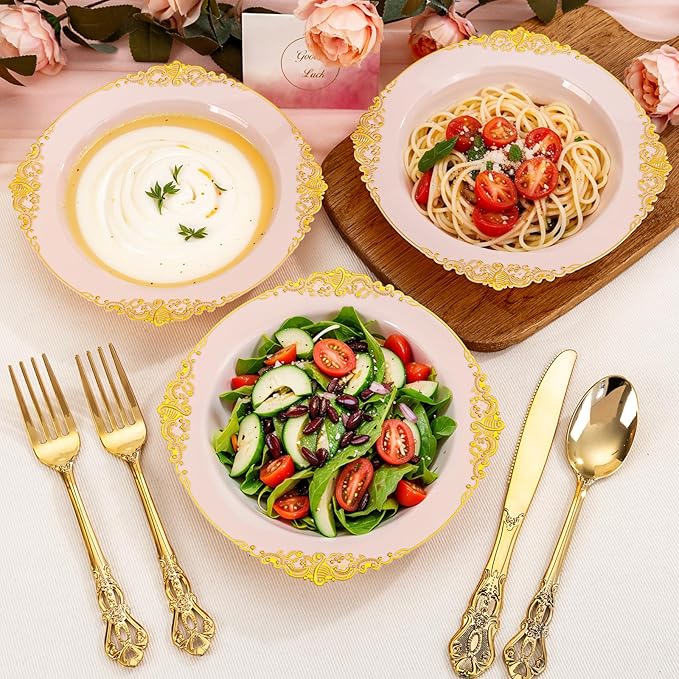 100PCS Pink Plastic Bowls - 12 oz Pink Gold Disposable Salad Bowls - Heavy Duty Disposable Soup Bowl - Fancy Plastic Ice Cream Bowl for Weddings Parties Dinners Picnics