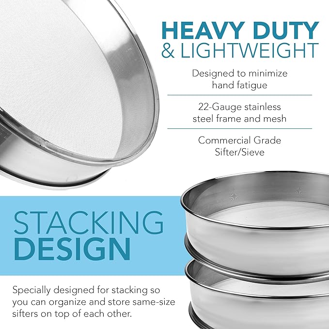 Stainless Steel Flour Sifter Fine Mesh Round Flour Sieve for Baking 12" Diameter x 2.5" High; 50 Mesh (Hole Size 0.3mm)