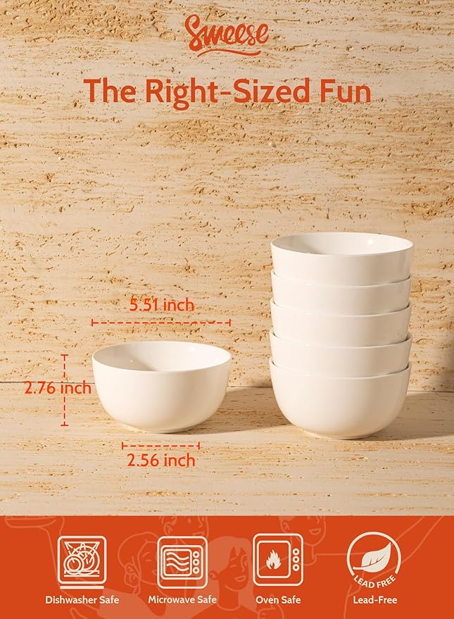 Sweese 20 Oz Porcelain Bowls Set of 6 - Durable for Cereal, Soup, Rice, Pasta, Salad, Oatmeal - Microwave Dishwasher Safe, White