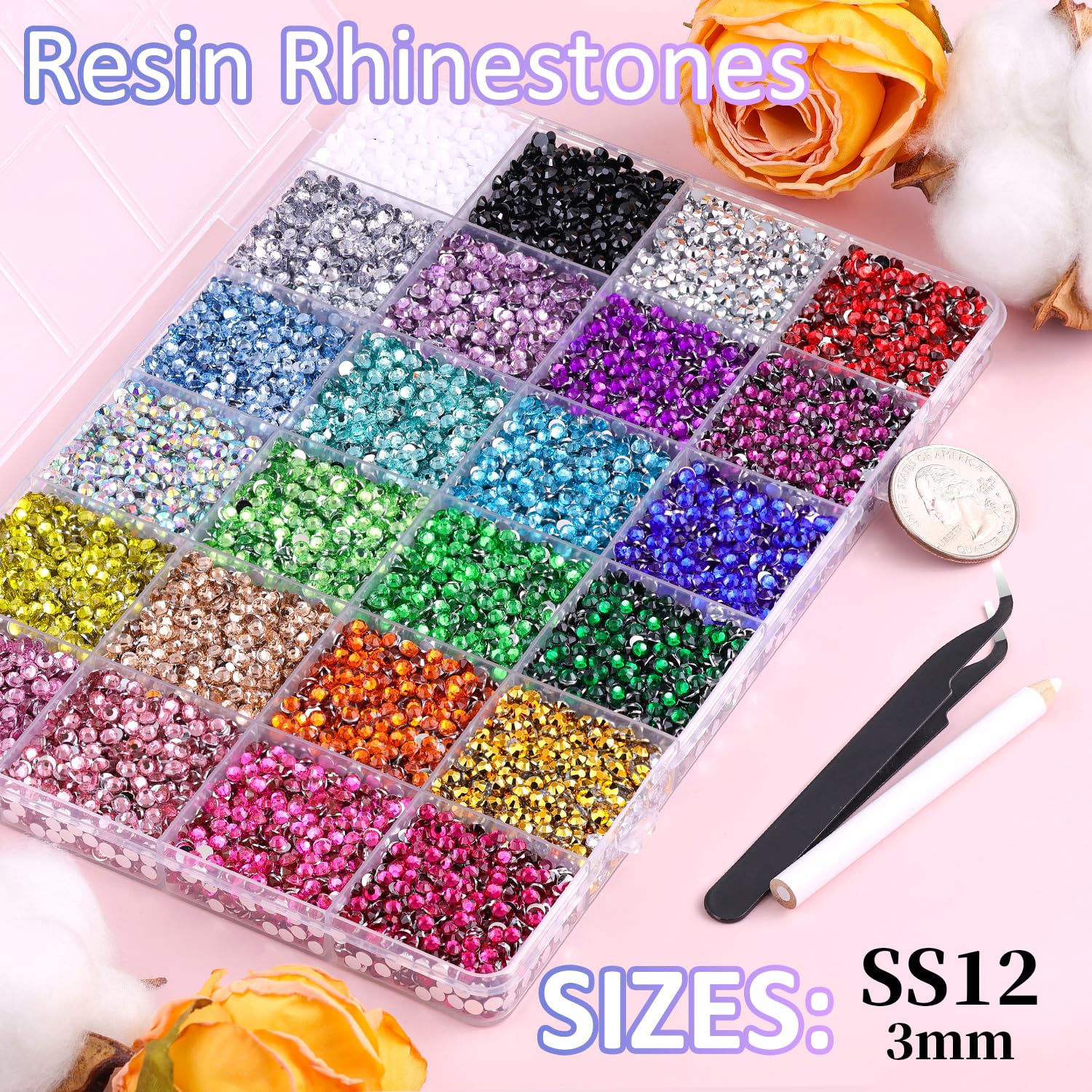 24000Pcs Resin Rhinestones for Crafting with Tweezers, Multicolor 3mm Bedazzling Crystal with 3Pcs 10ml B7000 Jewelry Glue for DIY Crafts Clothing Tumblers Shoes Fabric Nail Art-BrightBean Baby