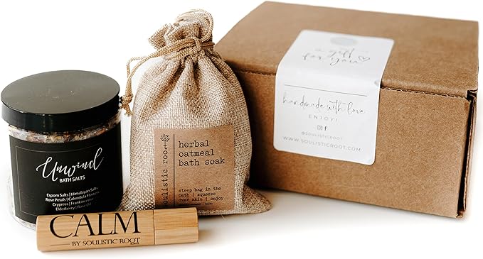 Relaxing Bath Gift Set, Luxury Spa Gifts for Women, Self Care Products for Women and Men, Calm Essential Oil Roller, Oatmeal Lavender Bath Soak & Epsom Salts with Essential Oils-BrightBean Baby