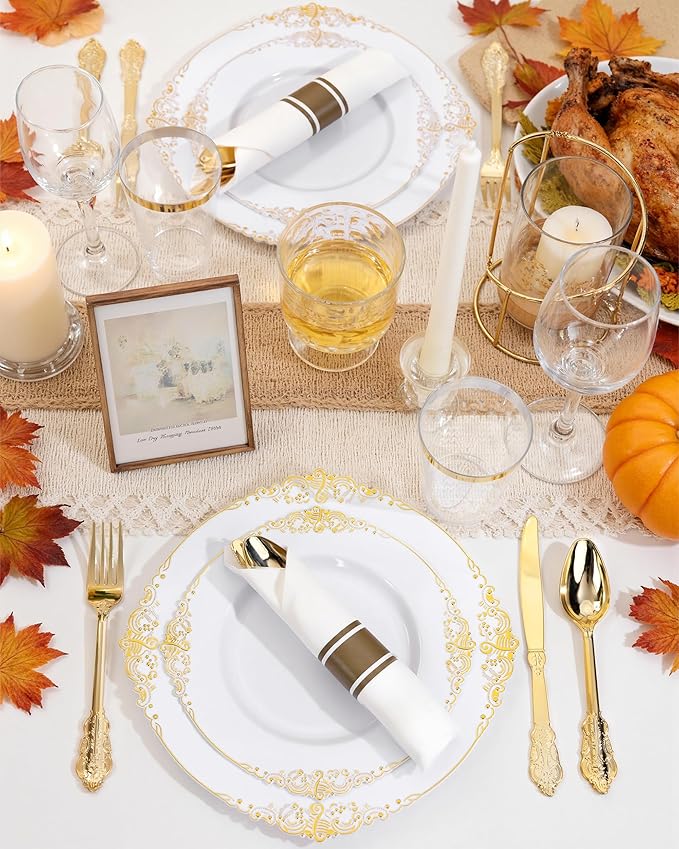 Nervure 350PCS Gold Plastic Plates - Gold Plastic Dinnerware Sets for 50 Guests - 100 Disposable Plates, 150 Silverware, 50 Cups, 50 Napkins for Wedding & Party & Thanksgiving
