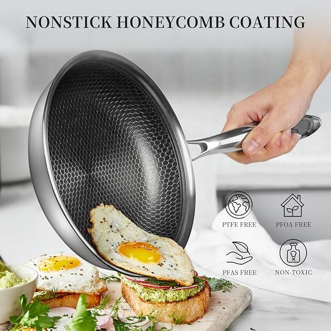 Stainless Steel Nonstick Frying Pan with Lid 10 Inch - Honeycomb Skillet Wok Pan