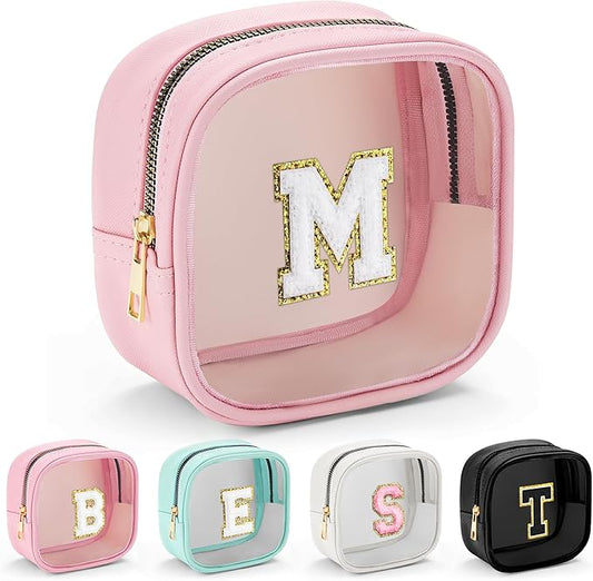 YOOLIFE Mini Initial Makeup Bag | Travel Toiletry Bag | Clear Makeup Bag | Travel Essentials Gifts for Women Teen Girlfriend Teacher Birthday Gifts | Clear Toiletry Bag Small Mini Cosmetic Bag Pink M-BrightBean Baby