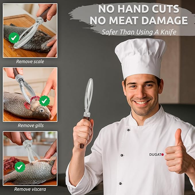 Dugato Fish Scale Remover Tool with Wooden Handle – Stainless Steel Fish Scaler Scraper for Quick & Easy Fish Cleaning – Rustproof Serrated Edge Seafood Descaling Tool for Kitchen & Outdoor Use