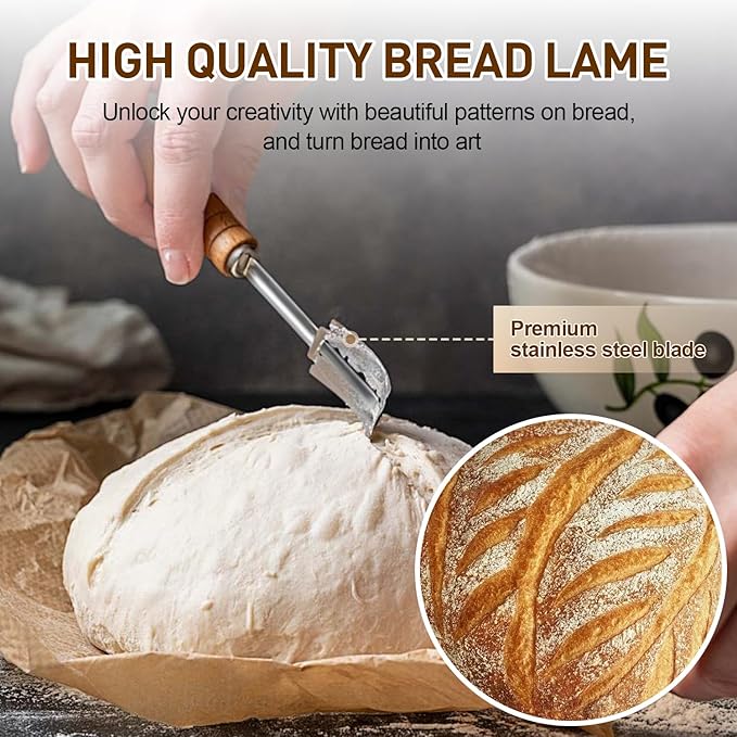 Banneton Bread Proofing Basket, Sourdough Starter Kit with 9" Round & 10" Oval Bread Proofing Basket, Bread Lame, Brushs, Spatula, Scraper, Dough Whisk, Flour Duster & Stencils