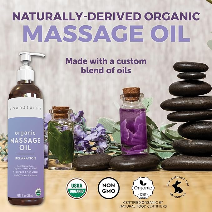 Viva Naturals Organic Massage Oil (8 fl. oz.) - Lavender Scented Non-Greasy Body Massage Oil with Mess-Free Pump, Moisturizing Massage Oils for Massage Therapy, Non-GMO and Certified Organic, 237 mL-BrightBean Baby