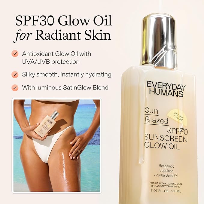Everyday Humans Sun Glazed SPF30 Sheer Body Glow Oil with Gold Mica | Hydrating Non-Sticky Glowing UV Protection Cruelty Free 5.1 Fl Oz | Bergamot, Squalane, Jojoba Seed Oil | UVA/UVB Broad Spectrum-BrightBean Baby