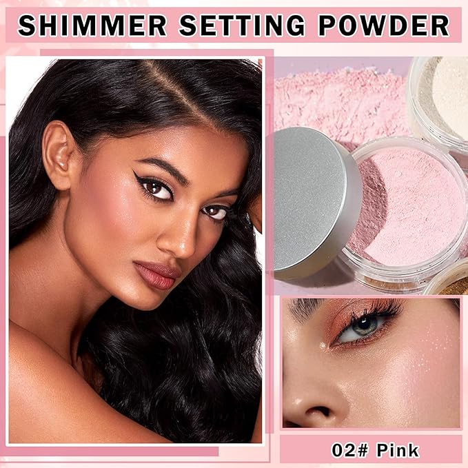 Pink Setting Powder Loose Powder Shimmer Finishing Powder Ultimate Blurring Setting Powder Long Lasting Oil Control Loose Face Powder for All Skin Tones-02 Pink-BrightBean Baby