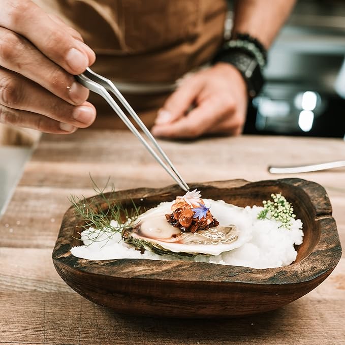 CREATIVECHEF 8 Inch Curved Stainless Steel Precision Kitchen Cooking Multi-function Tweezers Culinary Offset Tweezer Tongs (Curved,black)