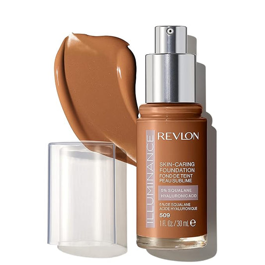 Revlon Illuminance Skin-Caring Liquid Foundation, Hyaluronic Acid, Hydrating and Nourishing Formula with Medium Coverage, 509 Sandalwood (Pack of 1)-BrightBean Baby