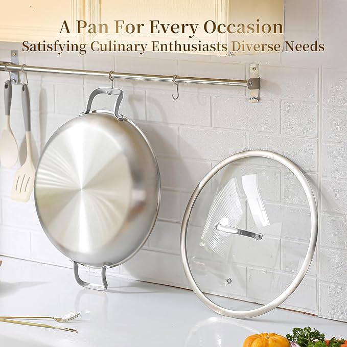 DELARLO 14" Tri-Ply Stainless Steel Nonstick Paella Pan with Lid