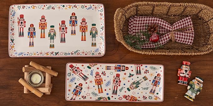 Bico Christmas Soldier Ceramic 14 inch Rectangular Serving Platter, Set of 2, for Serving Salad, Pasta, Cheese, Ham, Appetizer, Microwave & Dishwasher Safe
