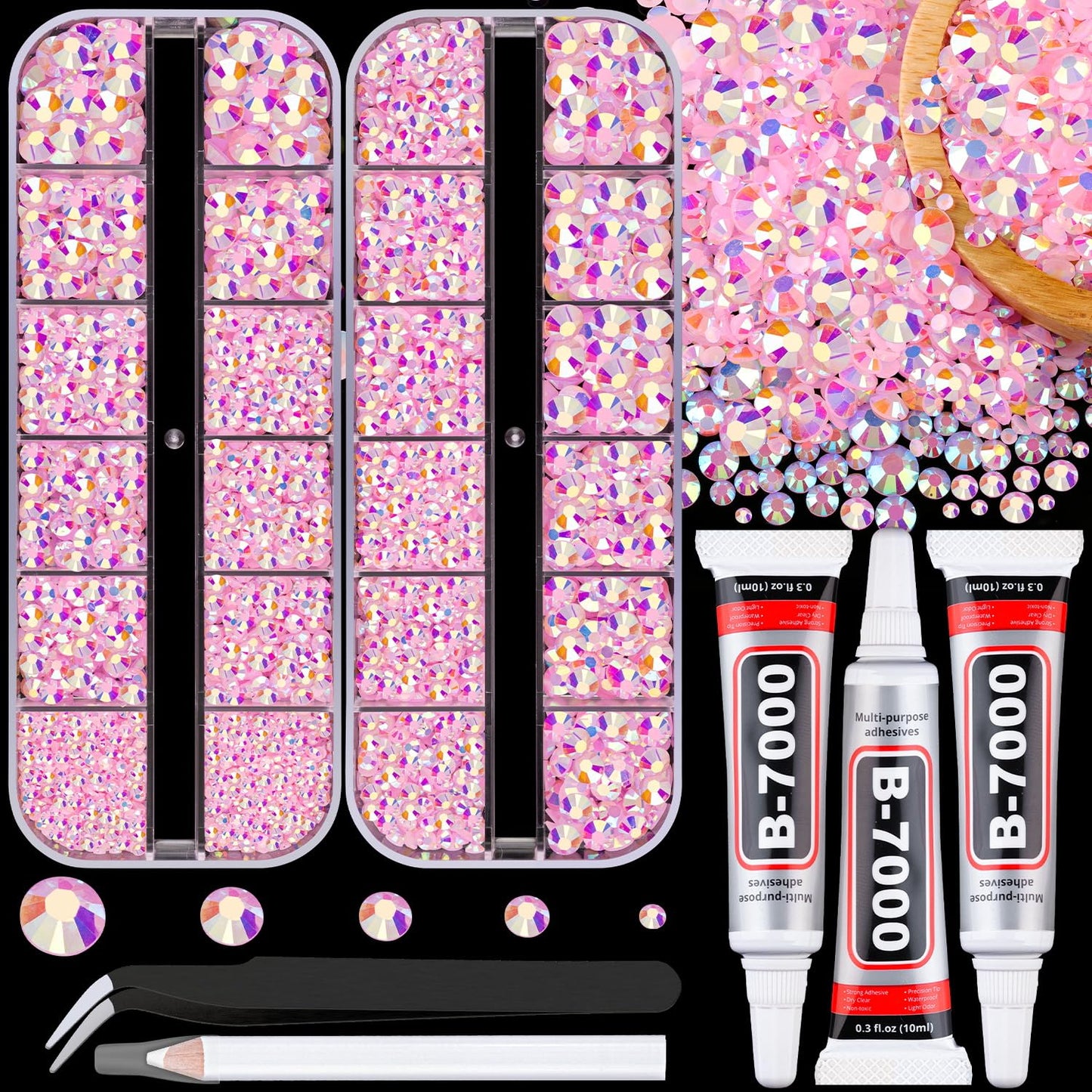 Resin Jelly Rhinestones for Crafting with B7000 Jewelry Glue, 2 Boxes Light Pink AB Flatback Crystals with 3Pcs 10ml Glue, Bedazzling Non Hotfix Gems for DIY Tumblers Clothing Shoes Manicure-BrightBean Baby