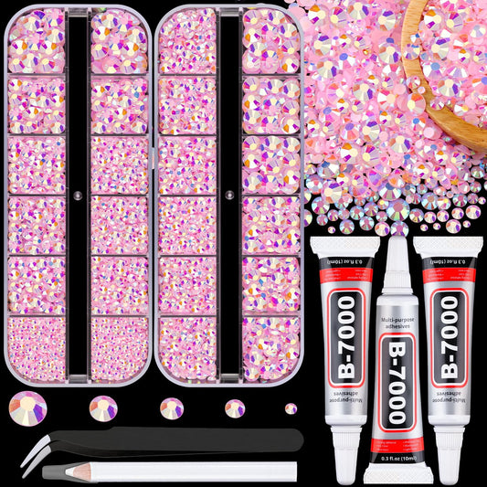 Resin Jelly Rhinestones for Crafting with B7000 Jewelry Glue, 2 Boxes Light Pink AB Flatback Crystals with 3Pcs 10ml Glue, Bedazzling Non Hotfix Gems for DIY Tumblers Clothing Shoes Manicure-BrightBean Baby