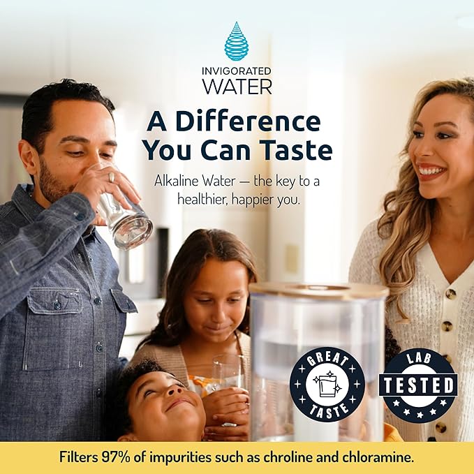 Invigorated Water pH Recharge Alkaline Water Filter Dispenser – BPA-Free Glass Countertop Water Filter Pitcher Purifier for Home & Office, 36-Cup Capacity, 360L Long Filter Life (Acacia/Marble)