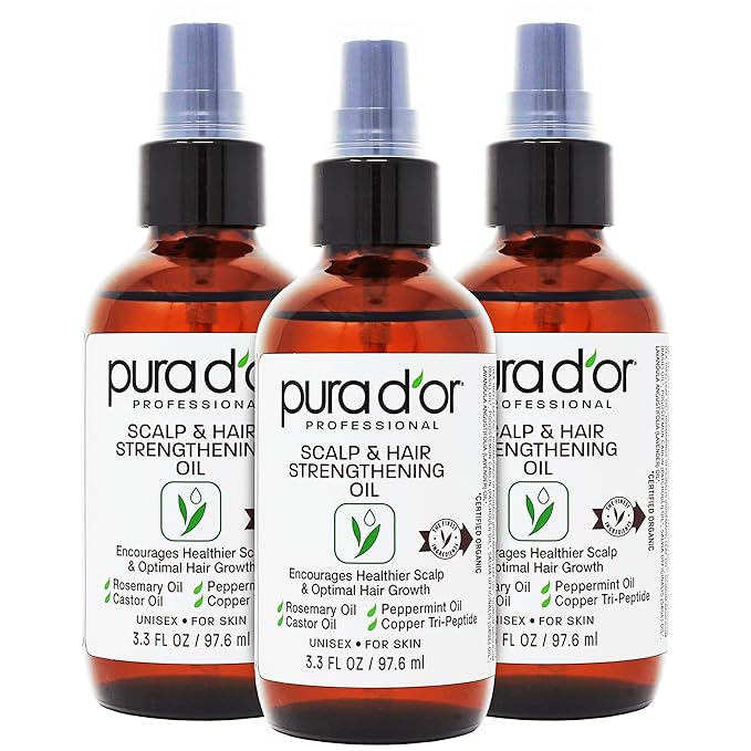 PURA D'OR Scalp & Hair Strengthening Oil (3.3oz x3 = 9.9oz) Supports Optimal Growth, Reduce Breakage, Nourish Roots for Healthier, Fuller, Thicker Hair - Rosemary, Castor & Peppermint Oil-BrightBean Baby