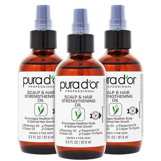 PURA D'OR Scalp & Hair Strengthening Oil (3.3oz x3 = 9.9oz) Supports Optimal Growth, Reduce Breakage, Nourish Roots for Healthier, Fuller, Thicker Hair - Rosemary, Castor & Peppermint Oil-BrightBean Baby