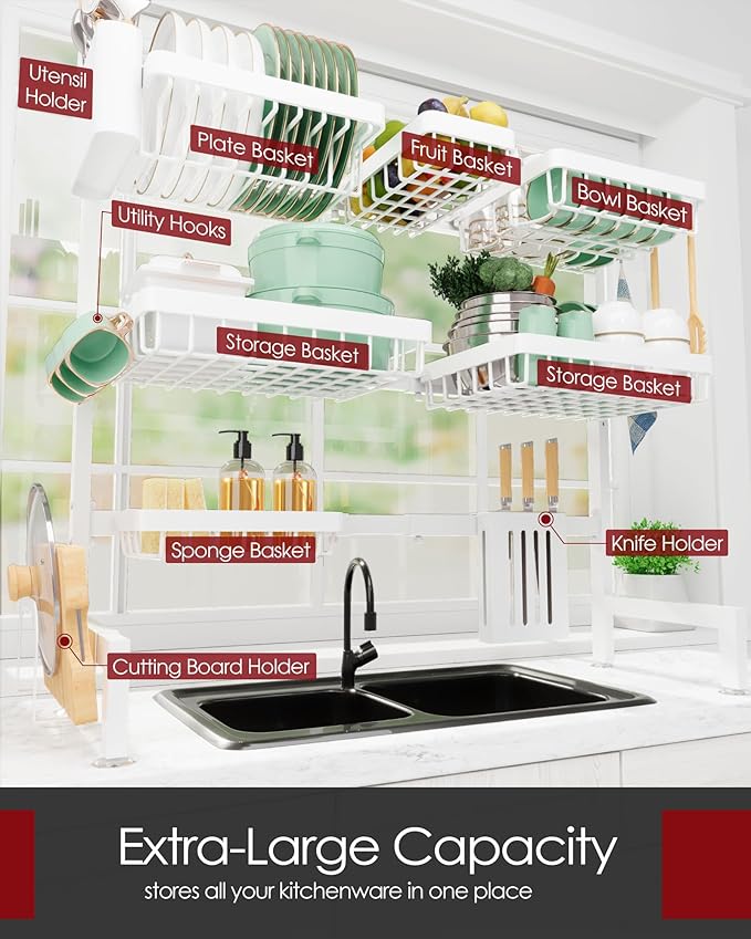 Dish Drying Rack - Over The Sink Dish Drainer Drying Rack with Utensil & Knife Holder, Hooks, Stainless Steel Kitchen Organizers and Storage Solution, 11.8" D x 31.5"~39.0''W x 30" H, White