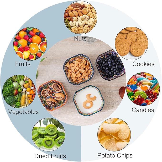 Boho 8 Oz Dipping Sauce Bowls, 4.3 Inches Ceramic Soy Sauce Dish, Bohemian Small Plates 4 Inch,Square Side Dishes, Small Appetizer Plates Set of 4, Colorful Dip Bowl, Microwave, Dishwasher, Oven Safe