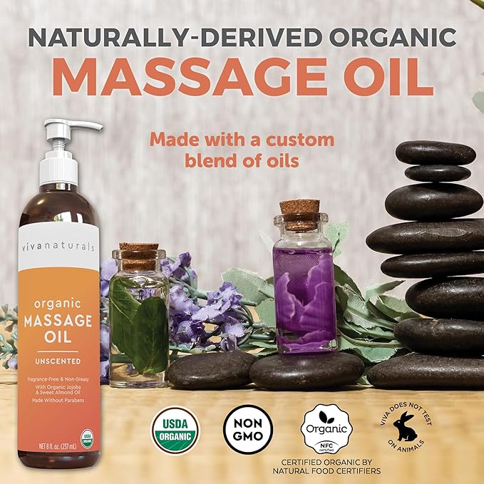 Viva Naturals Organic Massage Oil Unscented (8 fl. oz.) - Non-Greasy Body Oil with Mess-Free Pump, Moisturizing Massage Oils for Massage Therapy, Non-GMO and Certified Organic, 237 mL-BrightBean Baby