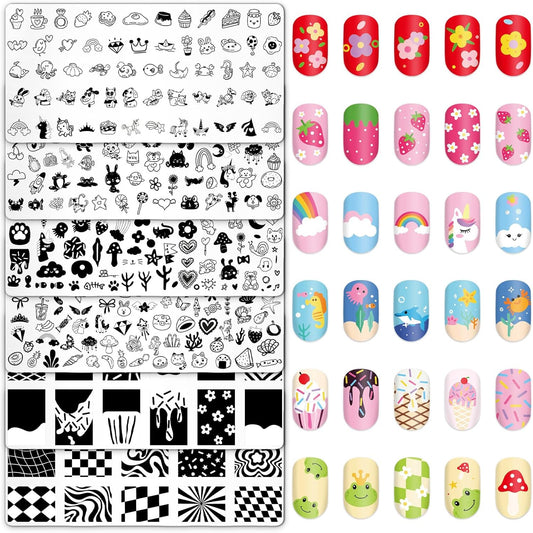 Whaline 6Pcs Kids Nail Plates Stamping Set Cute Animal Floral Dessert Stamp Templates Nail Art Plates for DIY Print Manicure Salon Design-BrightBean Baby
