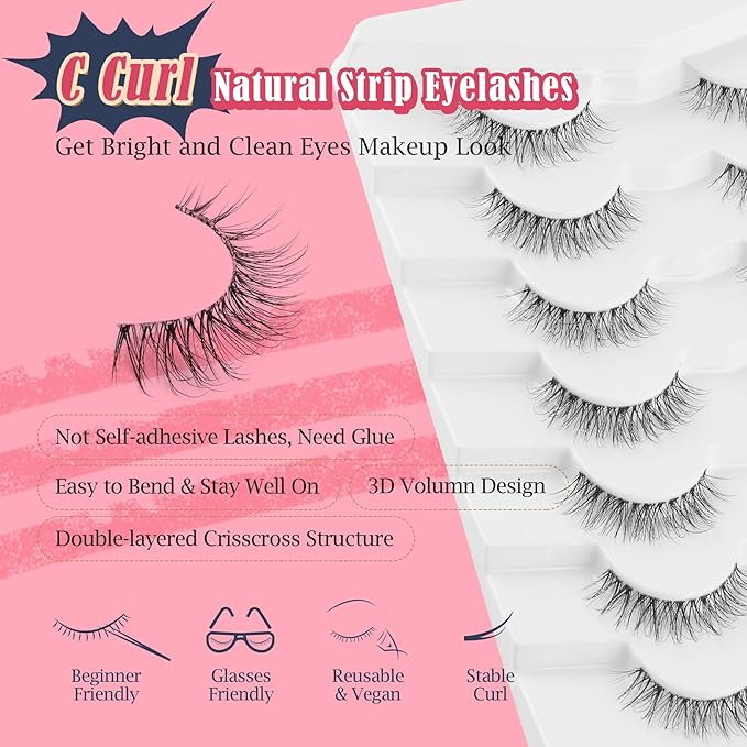 Natural Lashes False Eyelashes 12 MM Short Lashes WIspy 3D Volume Fake Eyelashes Pack C Curl Soft Eye Lash with Thin Cotton Band 7 Pair False Lashes Siligli-BrightBean Baby