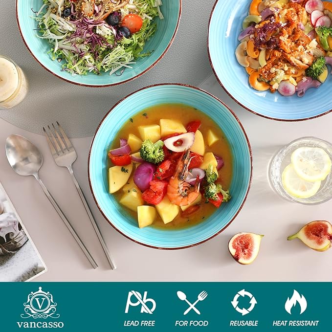 vancasso Bonita Pasta Bowls Set of 6, 38 oz Shallow Bowls, Ceramic Pasta Plates and Salad Bowls, Microwave & Dishwasher Safe Serving Bowls, Blue