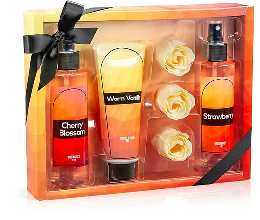 Fine Fragrance Body Mist & Body Splash Gift Set – Luxury Self-Care Combo for Women and Girls (Cherry Blossom, Strawberry, Warm Vanilla, Rose Soap)-BrightBean Baby