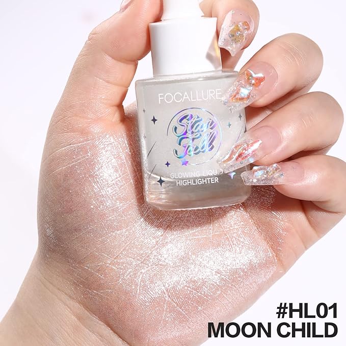 FOCALLURE Starfall Glowing Liquid Highlighter, Shimmering Body Oil, Non-Sticky Shimmer Liquid Luminizer, Non-Greasy, Face & Body Glitter Makeup for Costumes, Cosplay, Rave Festival, MOON CHILD-BrightBean Baby