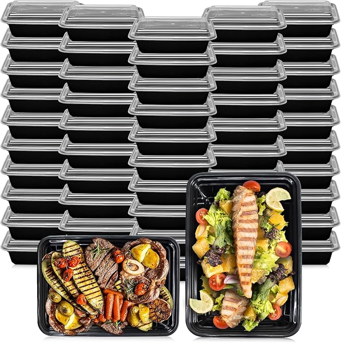 Klex 24 Oz, 50 Sets Meal Prep Containers with Airtight Lids, BPA Free, Reusable Plastic Food Container, 24 oz, Rectangular, Black/Clear, 50 Sets
