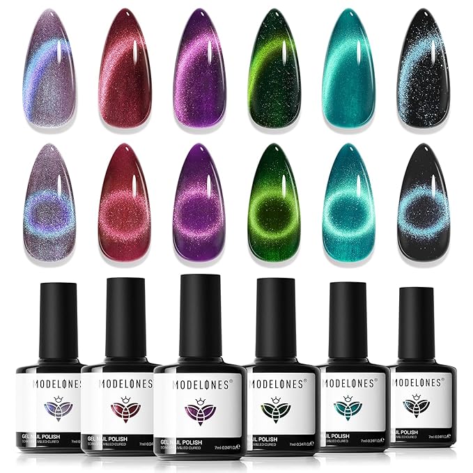 modelones Cat Eye Gel Nail Polish, 6 Colors Glitter Red Green Purple Blue Gel Polish Set with Magnet Sparkle Galaxy Series Nail Gel Polish Kit Soak Off Led Nail Art Manicure Salon DIY Gifts-BrightBean Baby