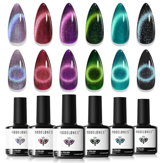 modelones Cat Eye Gel Nail Polish, 6 Colors Glitter Red Green Purple Blue Gel Polish Set with Magnet Sparkle Galaxy Series Nail Gel Polish Kit Soak Off Led Nail Art Manicure Salon DIY Gifts-BrightBean Baby