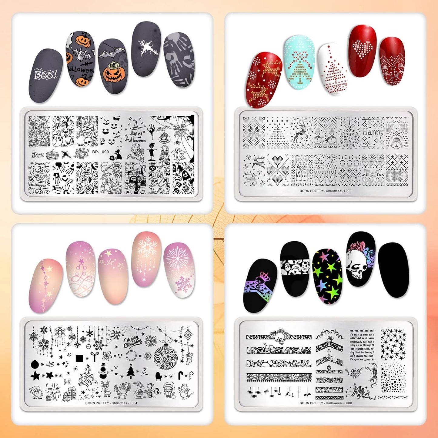 Born Pretty Nail Stamping Plates 8PCS Nail Art Design Kit Fall Winter Halloween Christmas Tree with Snowflake Cute Deer Nail Art Image Plates Halloween Christmas Patterns Templates DIY Printing Tools-BrightBean Baby